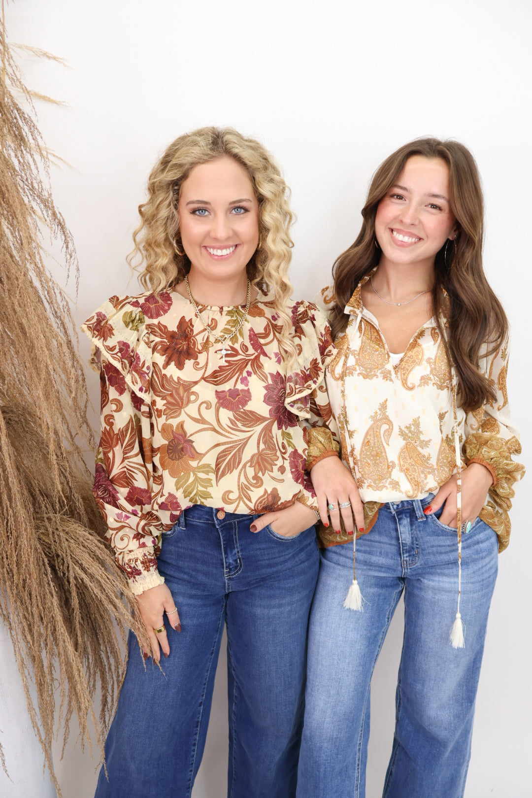 Burgundy & Rust Floral Ruffle Shoulder Top