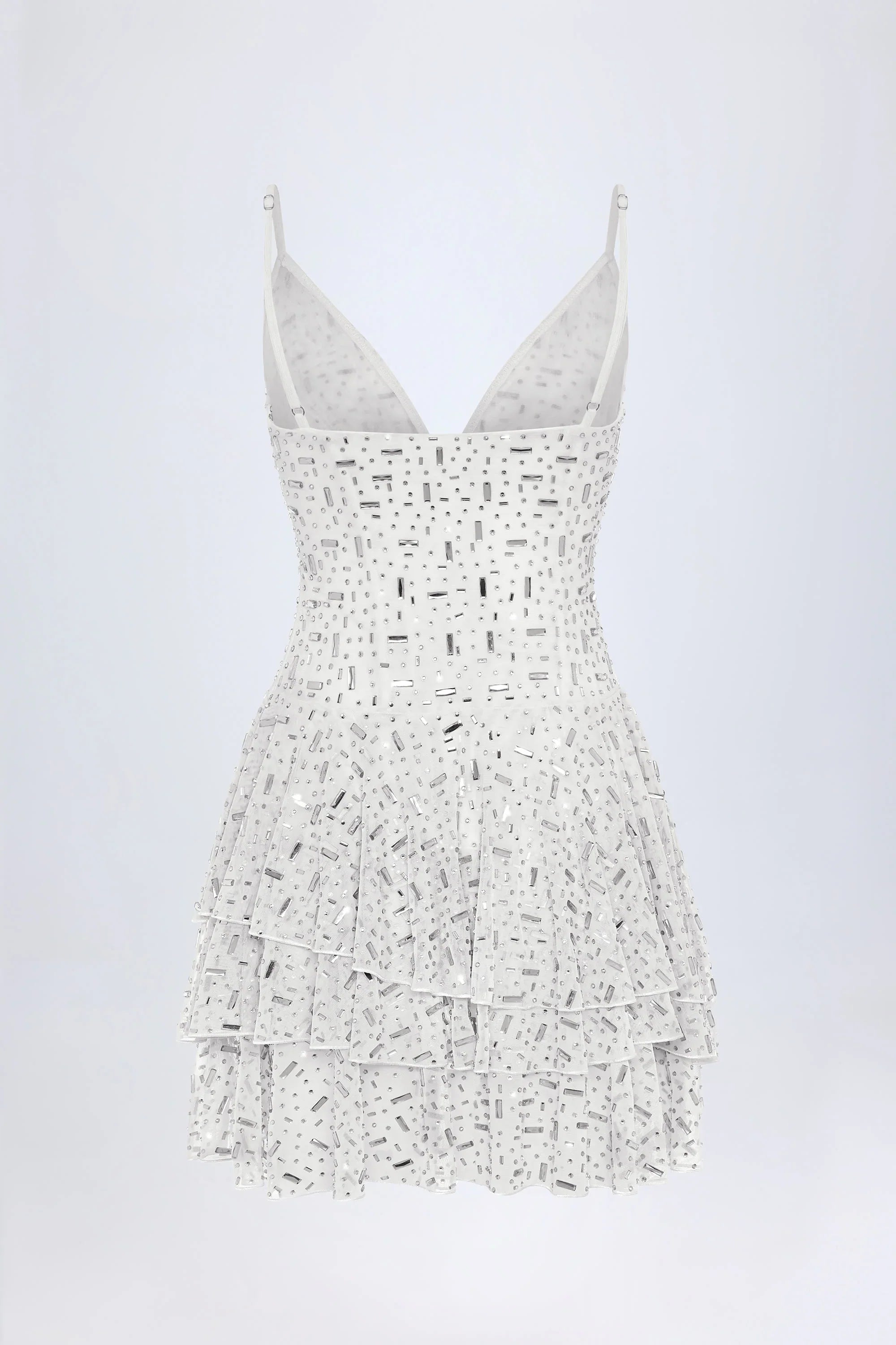 Embellished Ruffled Tiered Mini Dress in White