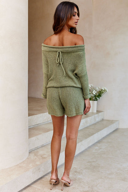 Amris Off-Shoulder Long Sleeve Knit Romper Khaki