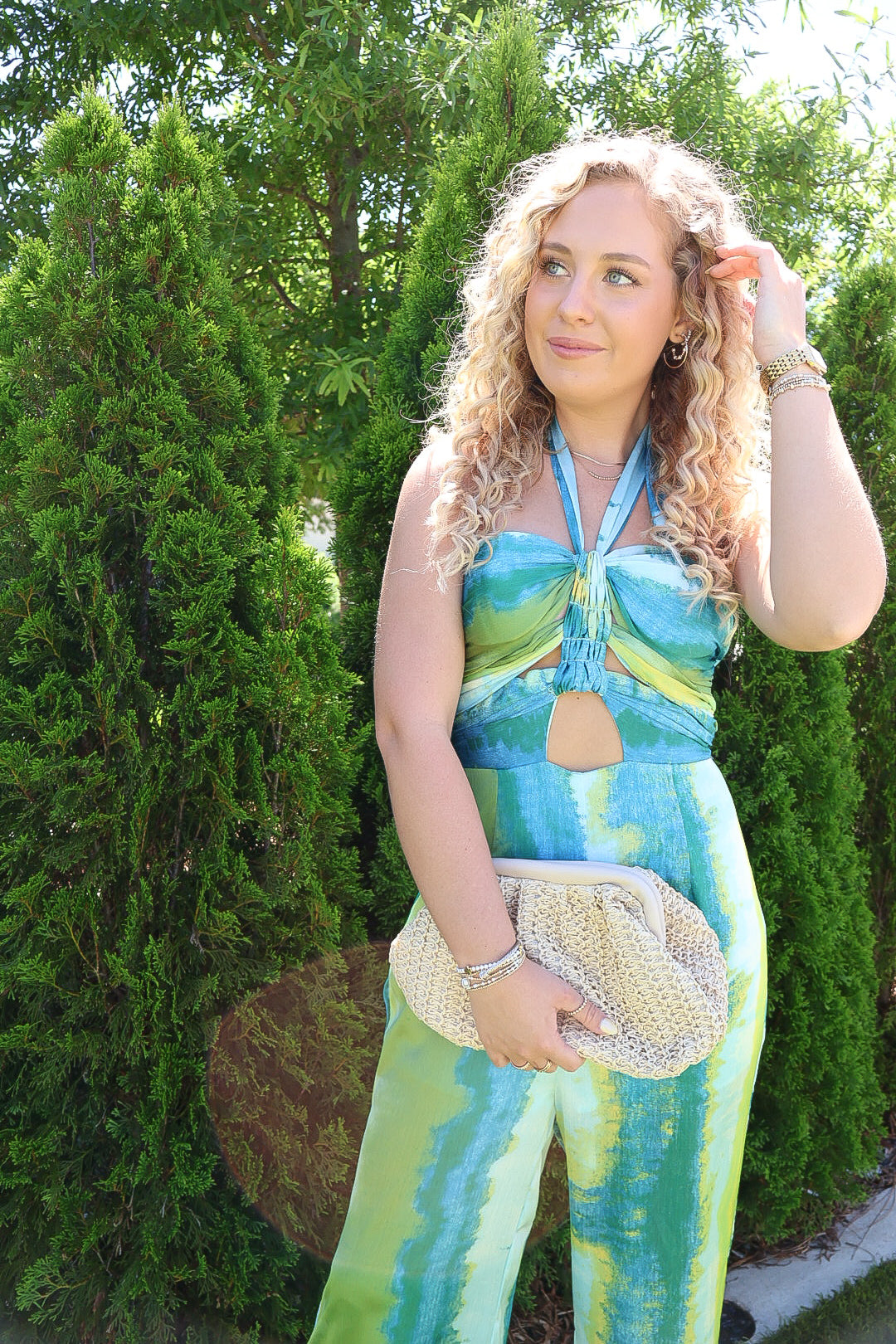 Blue Green Watercolor Cutout Jumpsuit