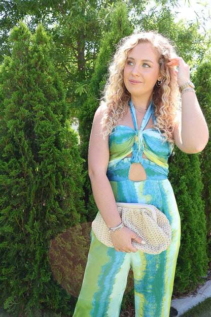 Blue Green Watercolor Cutout Jumpsuit