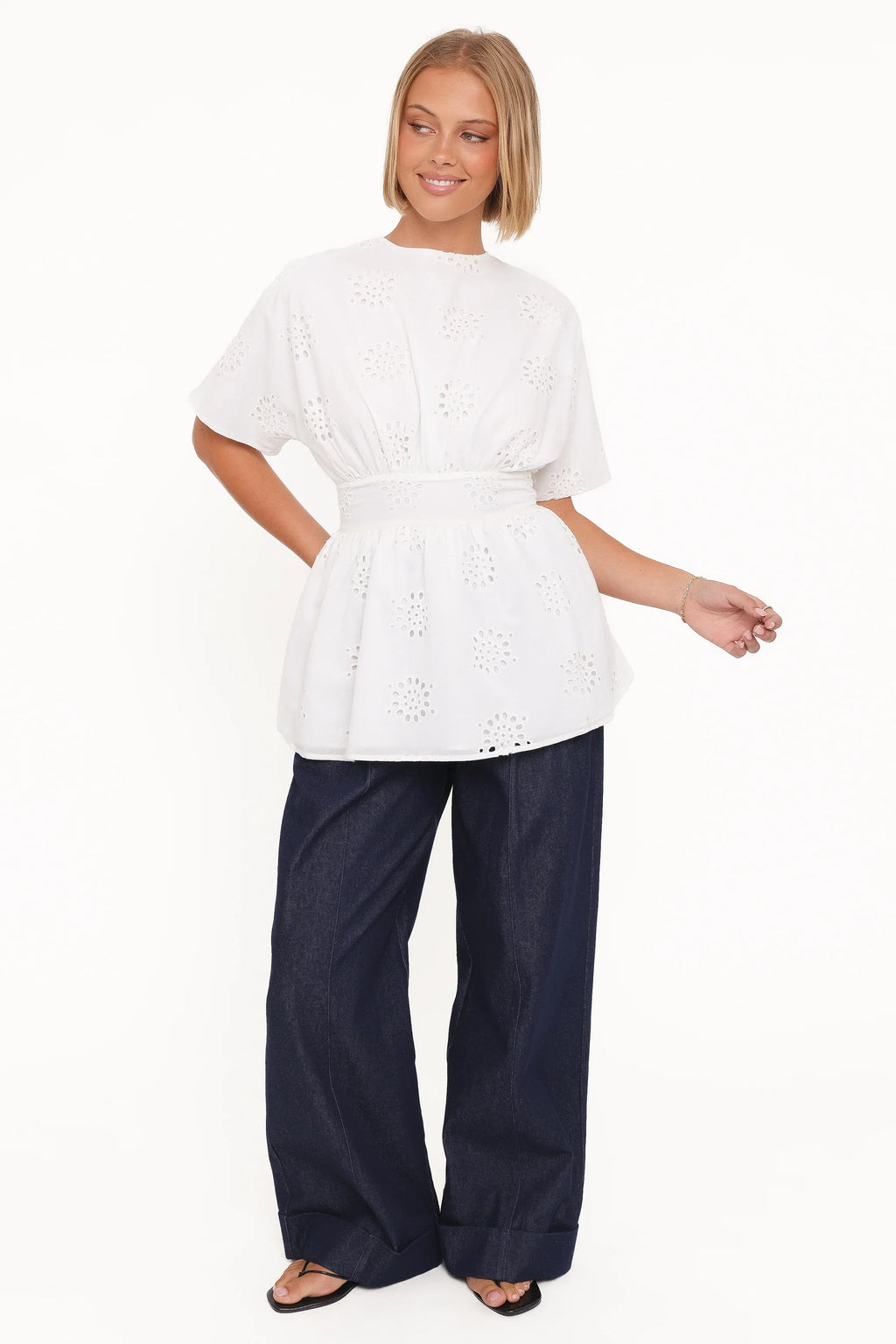 Carmel Tie Back Tunic Top - White Embroidery