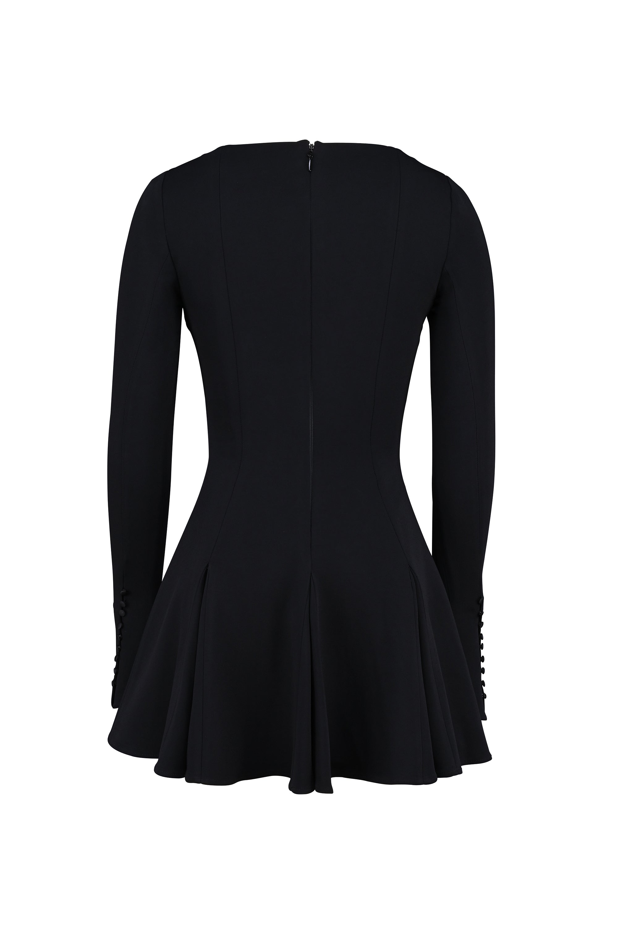 black stretch crepe godet mini dress