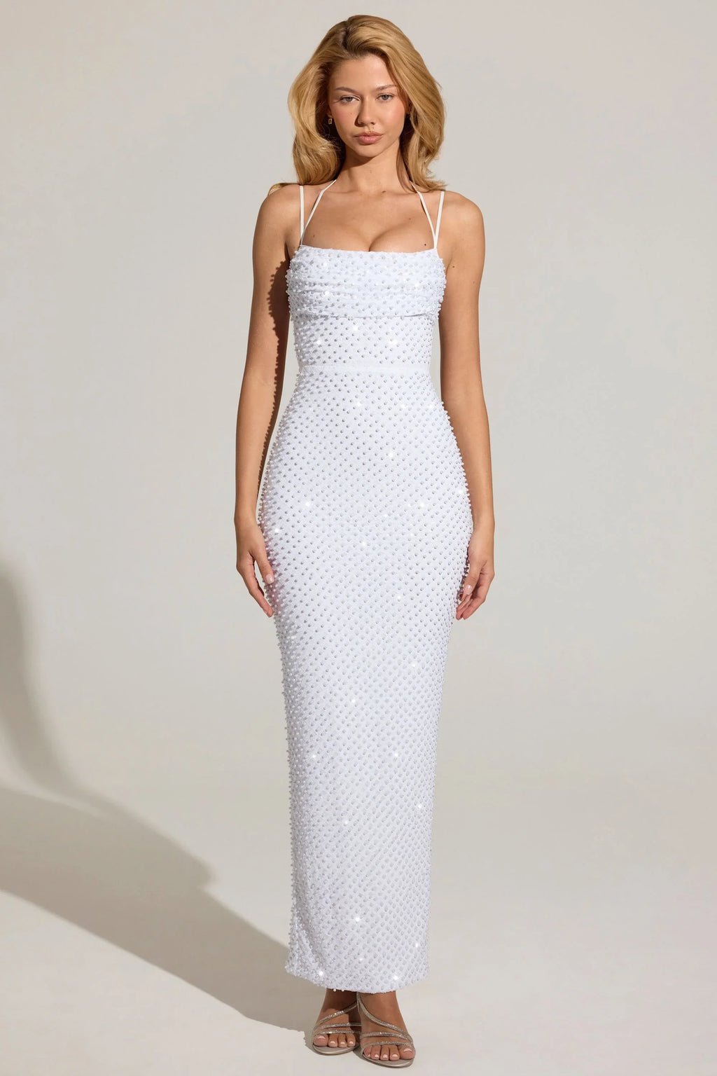 Embellished Cowl-Neck Maxi Dress in White