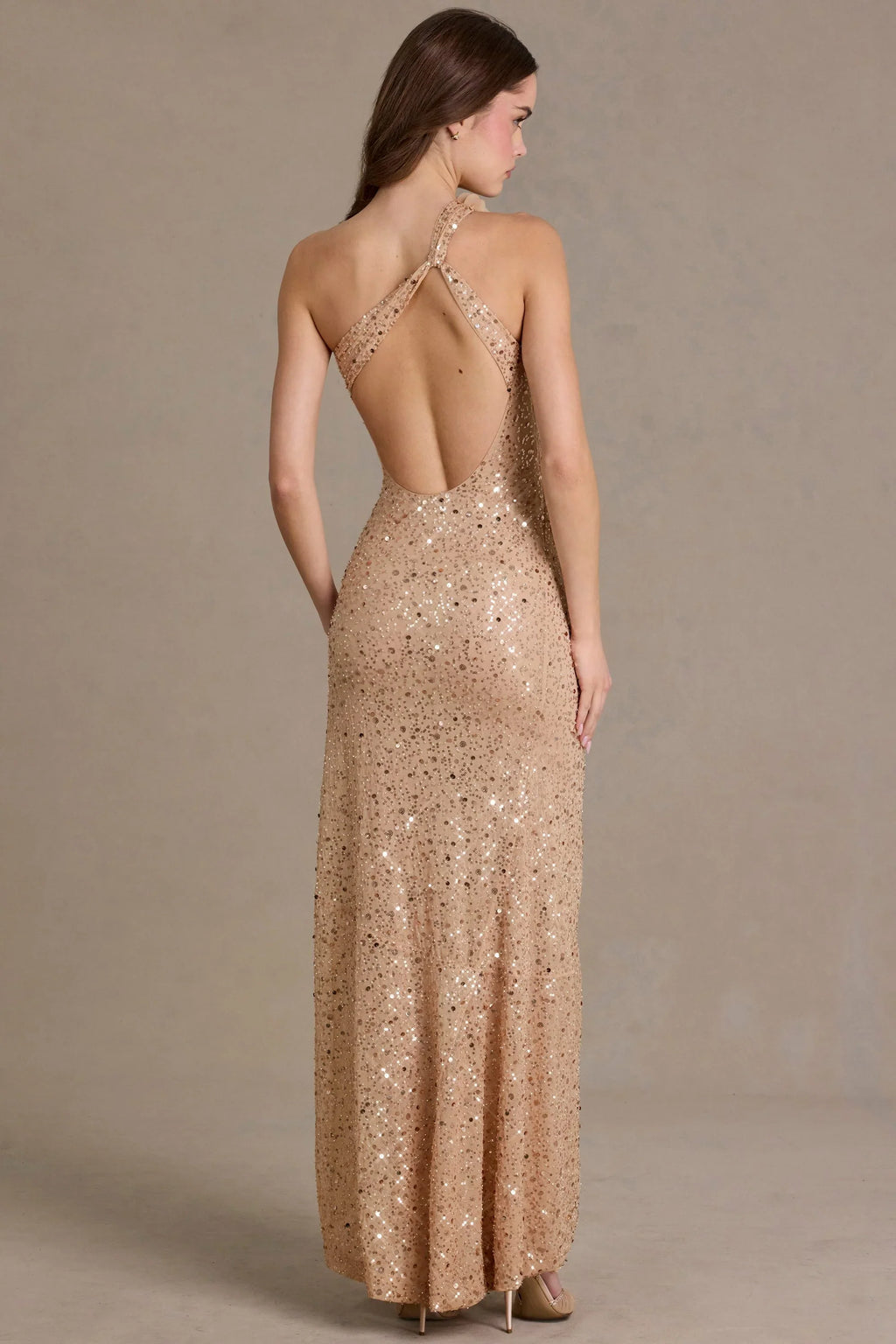 Embellished Asymmetric One-Shoulder Maxi Dress in Beige Gold