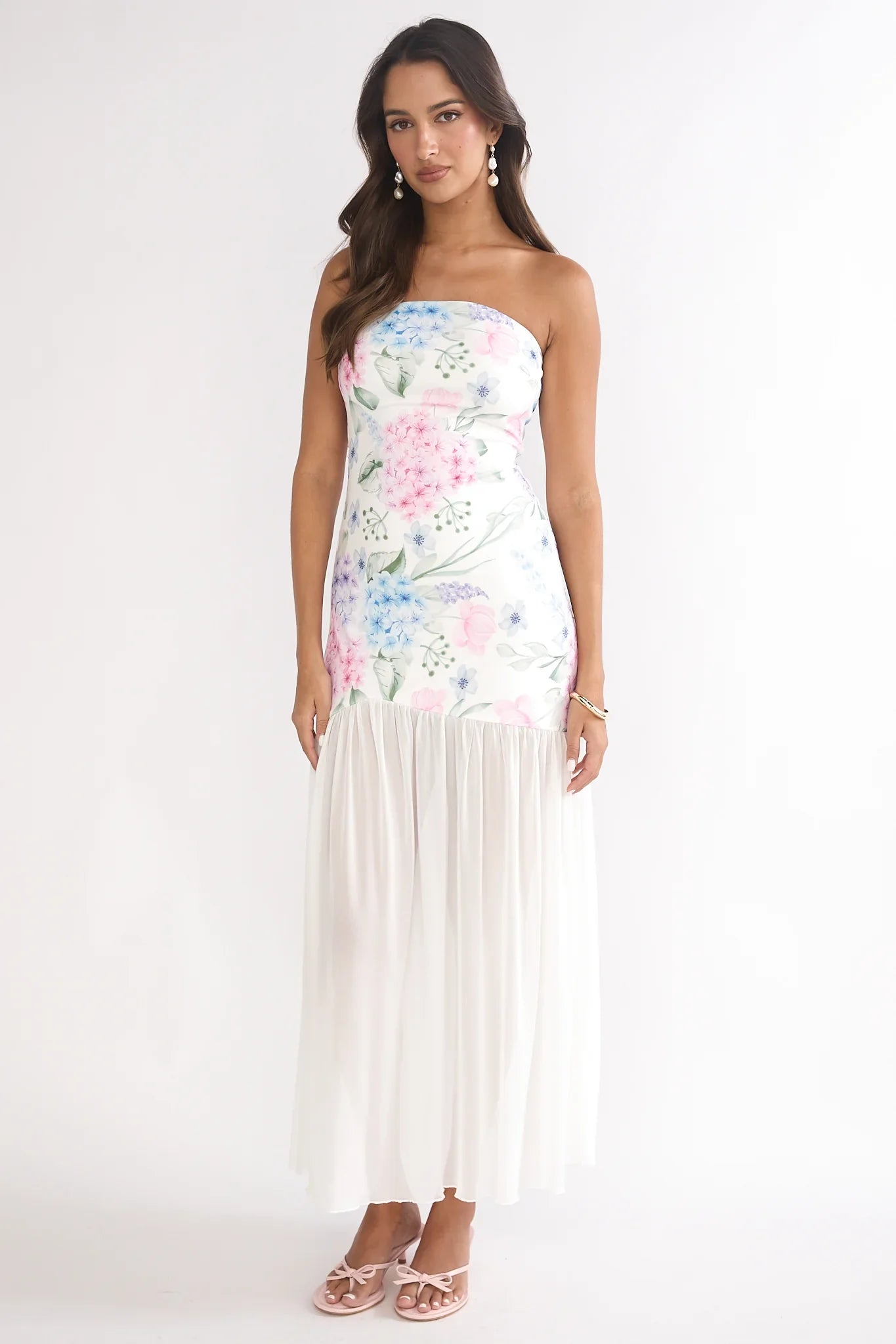 Wilma Sheer Hem Strapless Maxi Dress Flowers Blue