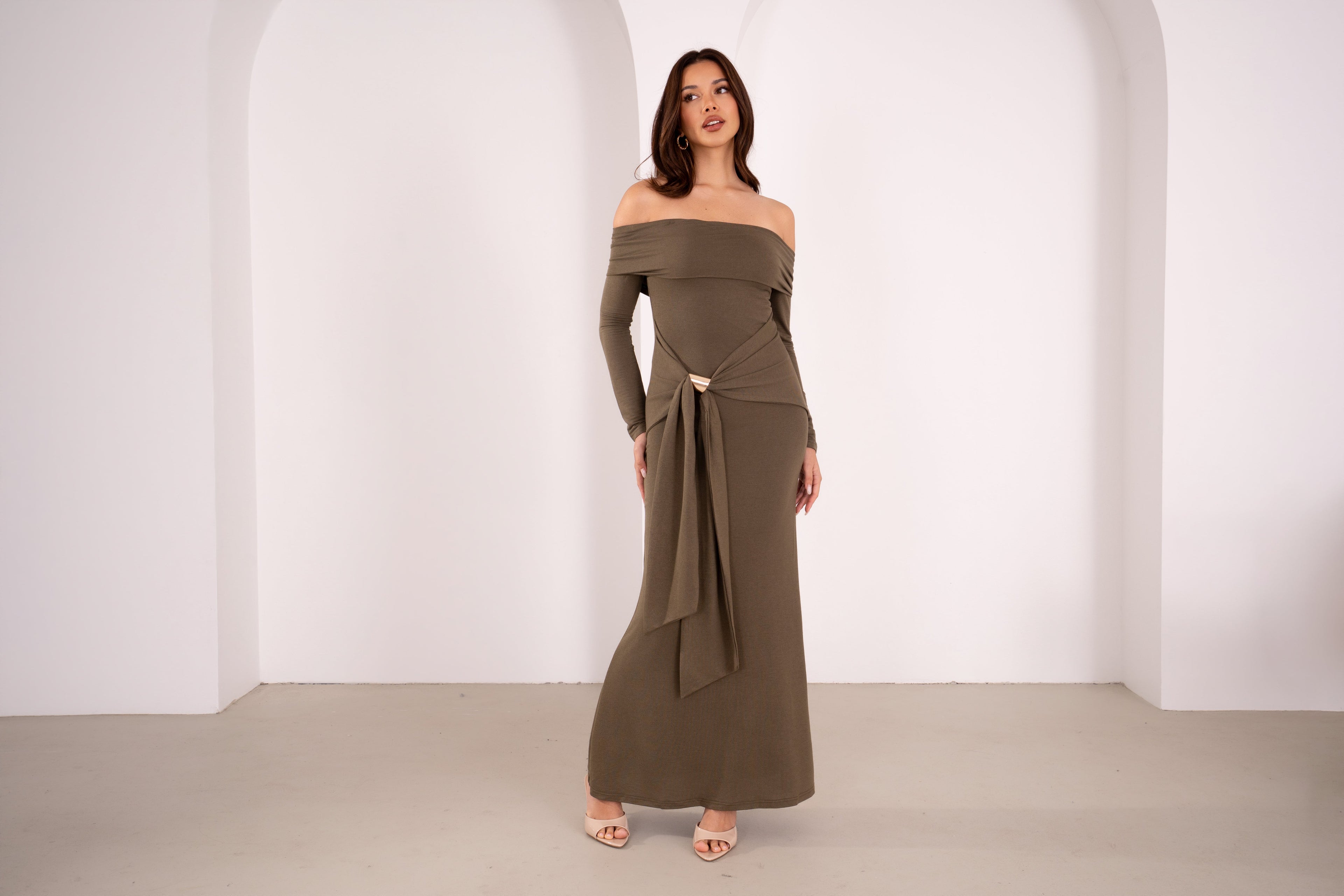 Amaris Long Sleeve Olive Off-Shoulder Maxi
