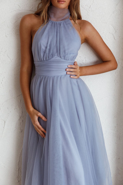 Andria Halterneck Tulle Midi Dress Blue