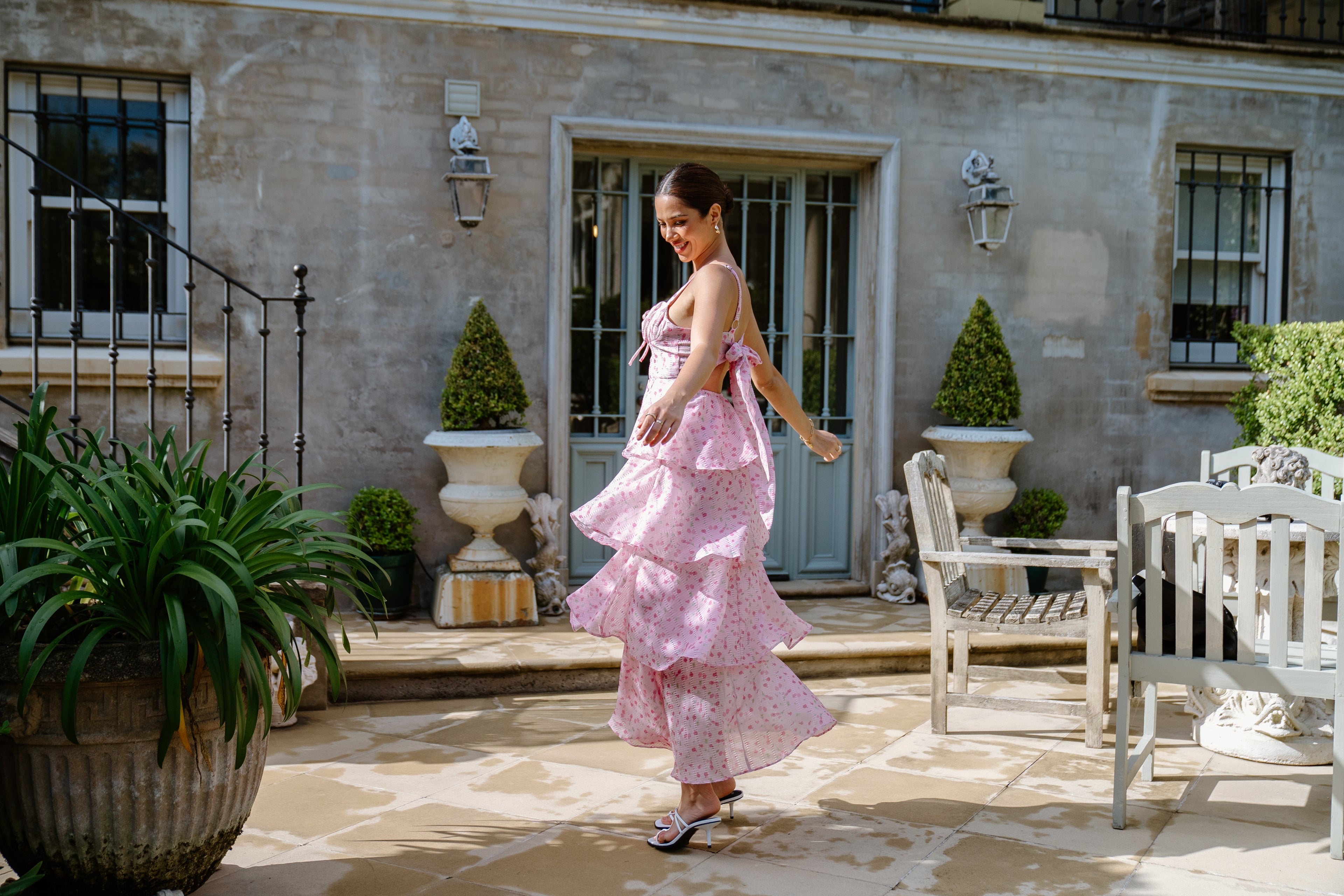 Dianne Tiered Midi Dress with Bow Tie