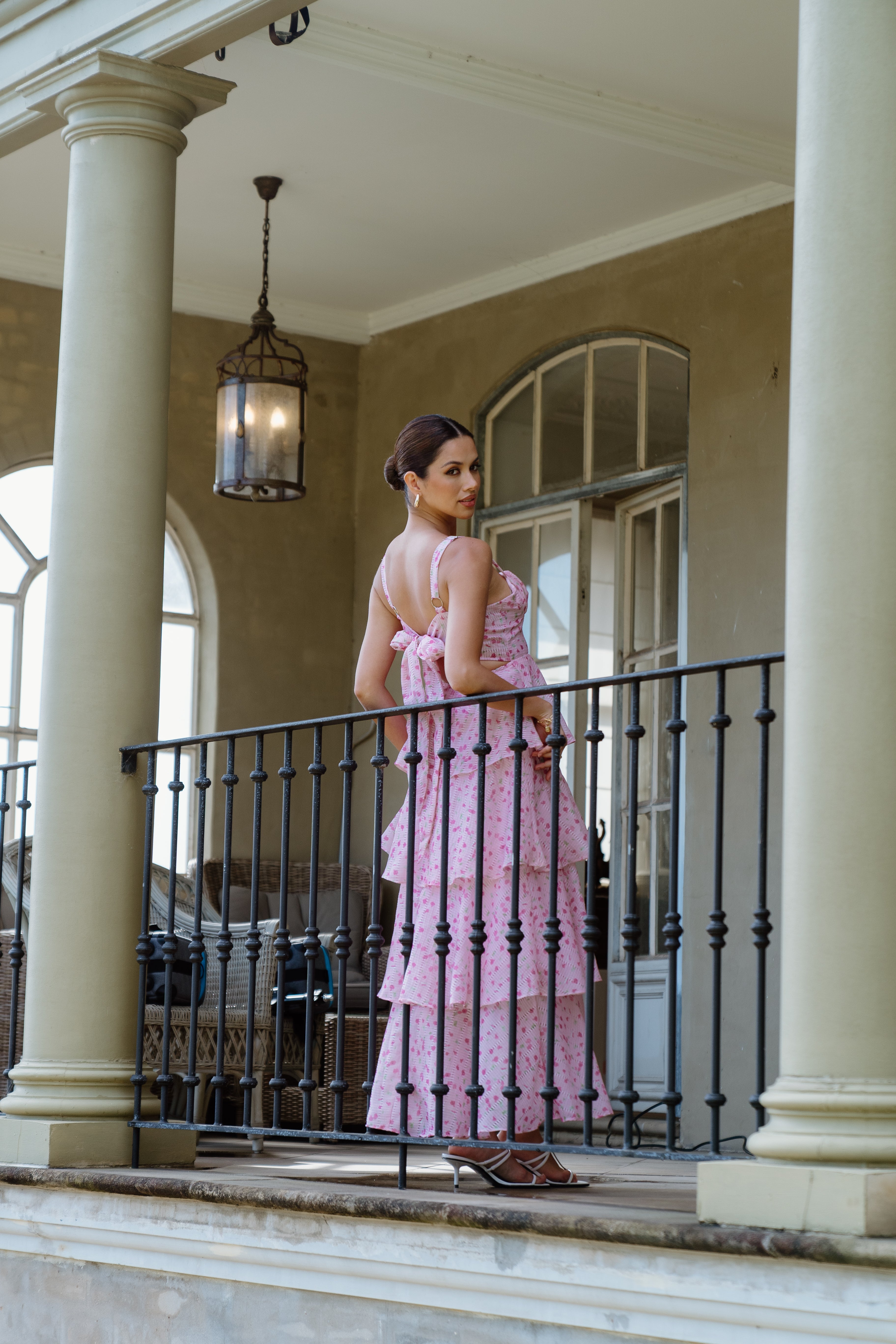 Dianne Tiered Midi Dress with Bow Tie