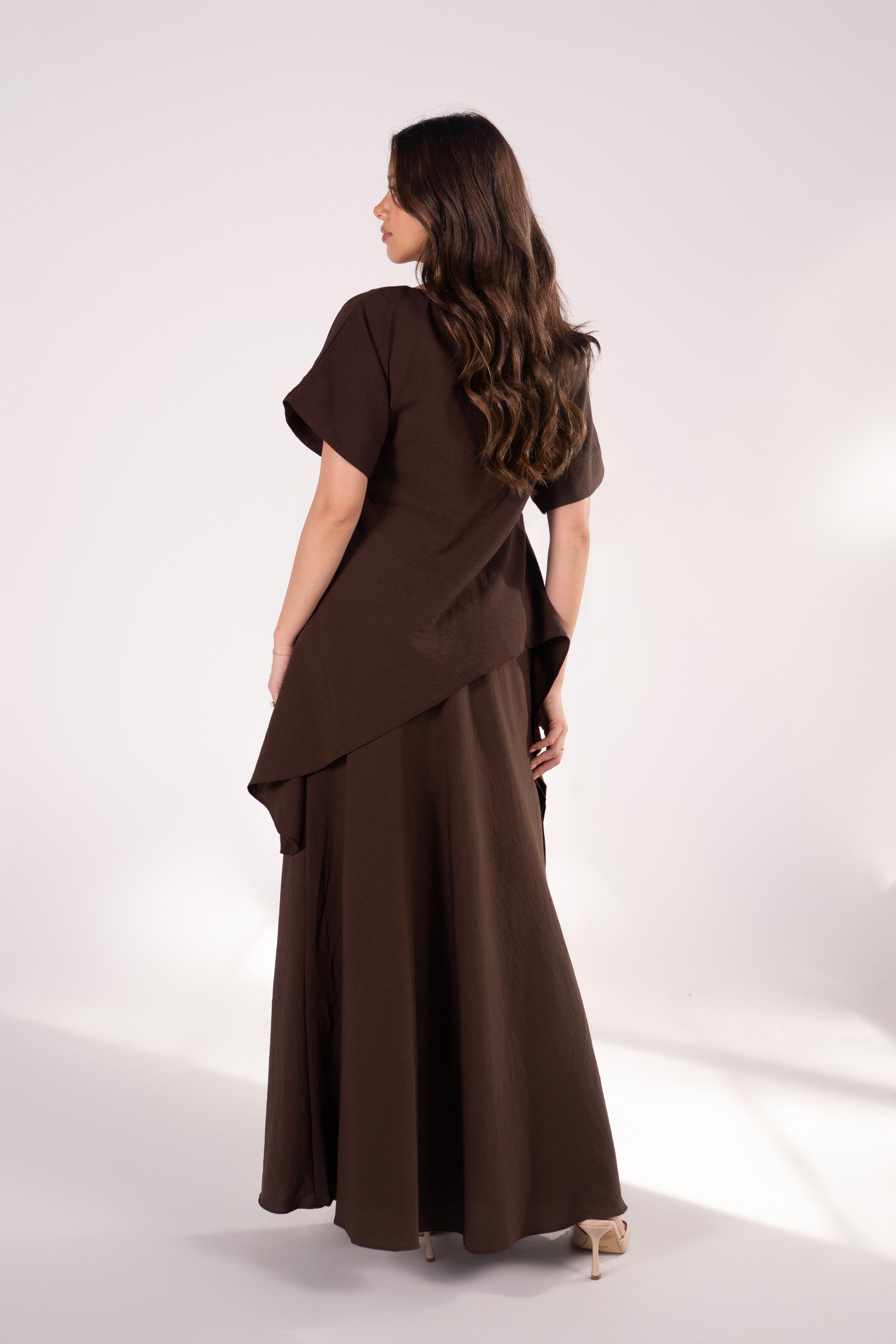 Fleurine Chocolate Short Sleeve Drape Top & Maxi Skirt Set