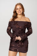 Tamsin Chocolate Off-Shoulder Long Sleeve Mini