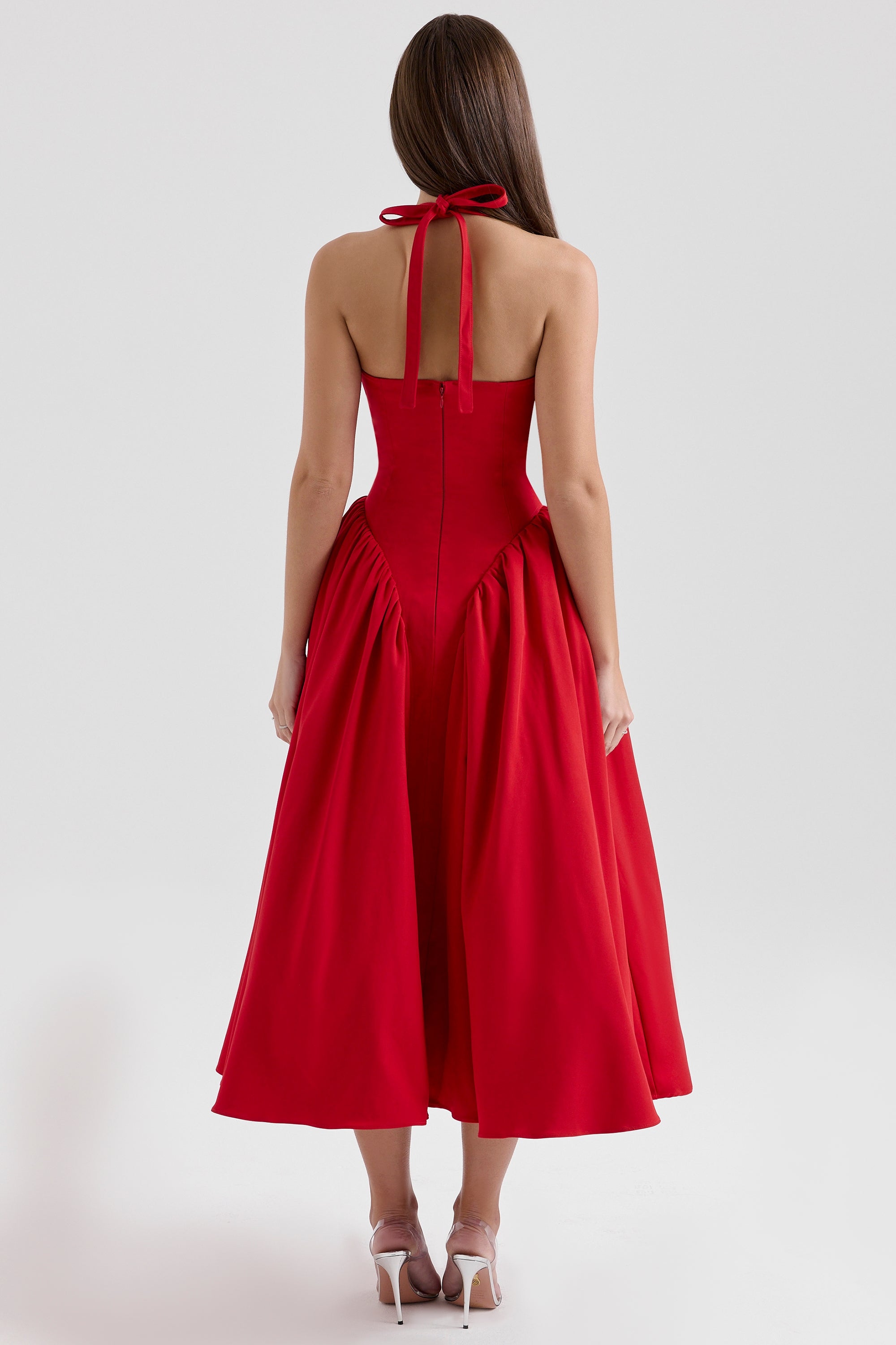 red twill halter midi dress