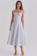 blue wildflower floral print midi dress