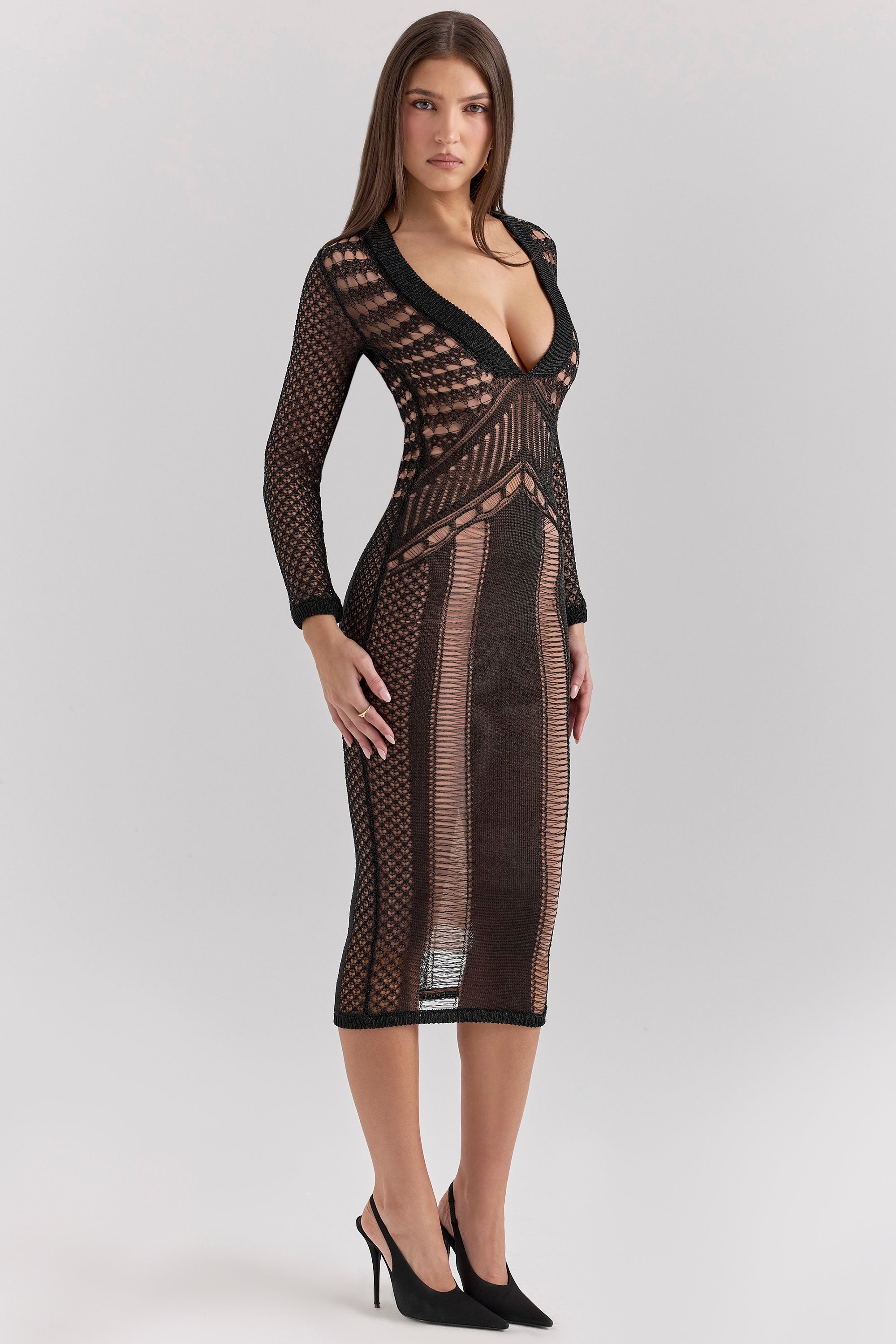 black plunge midi dress - sale