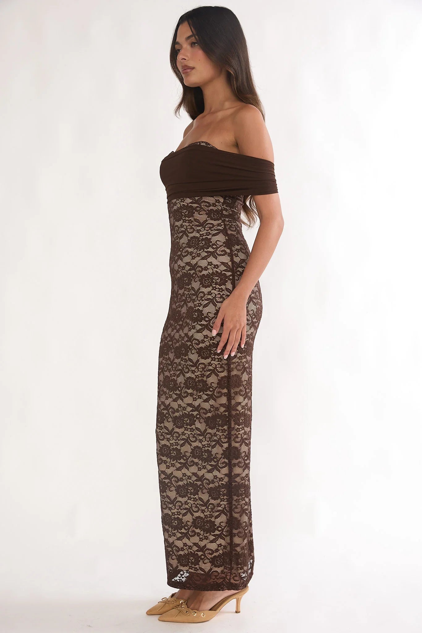 Jewelene Off-Shoulder Maxi Dress Lace Chocolate