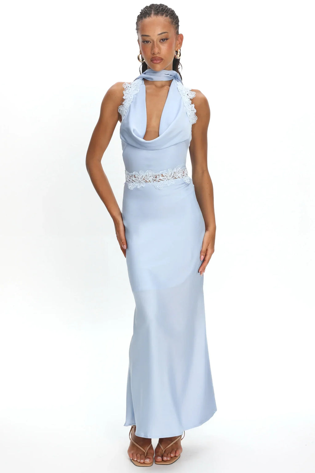 Scotlyn Applique Trim Halter Maxi Dress Blue