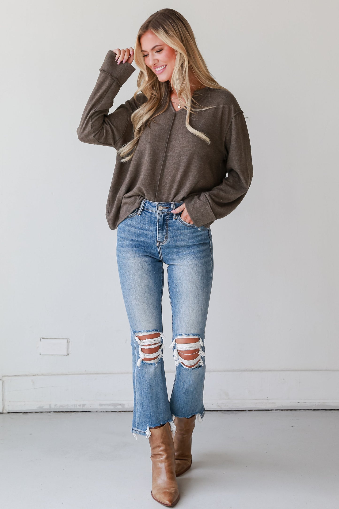 Courtney Light Wash Distressed Kick Flare Jeans