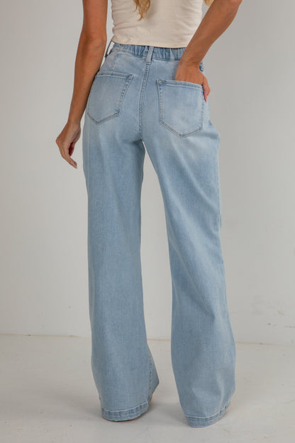 Cara Light Wash High-Rise Drawstring Wide Leg Jeans