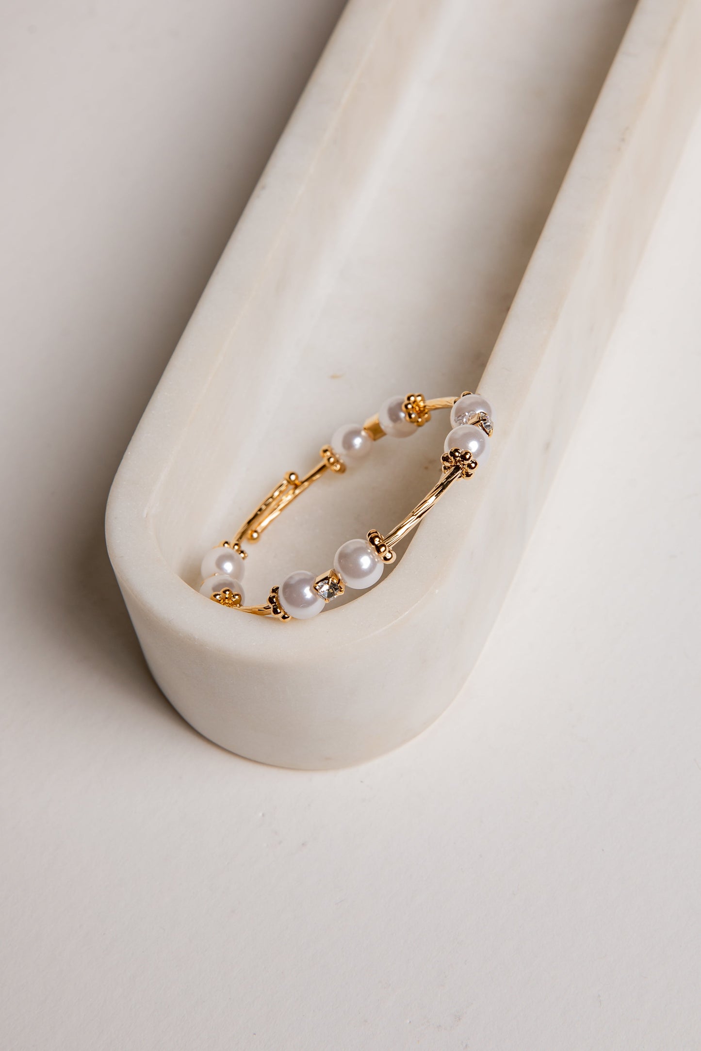 Cora White Pearl + Rhinestone Bangle Bracelet